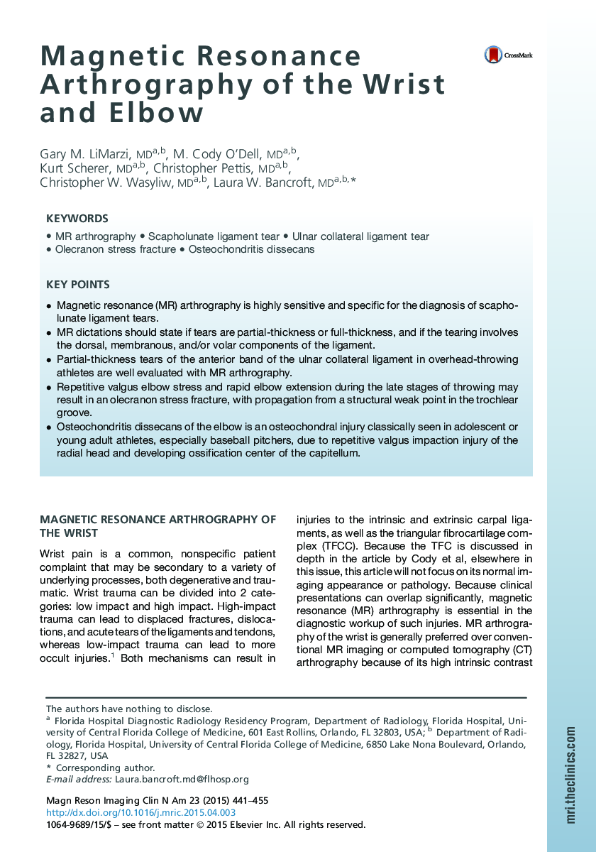 Magnetic Resonance Arthrography of the Wrist and Elbow