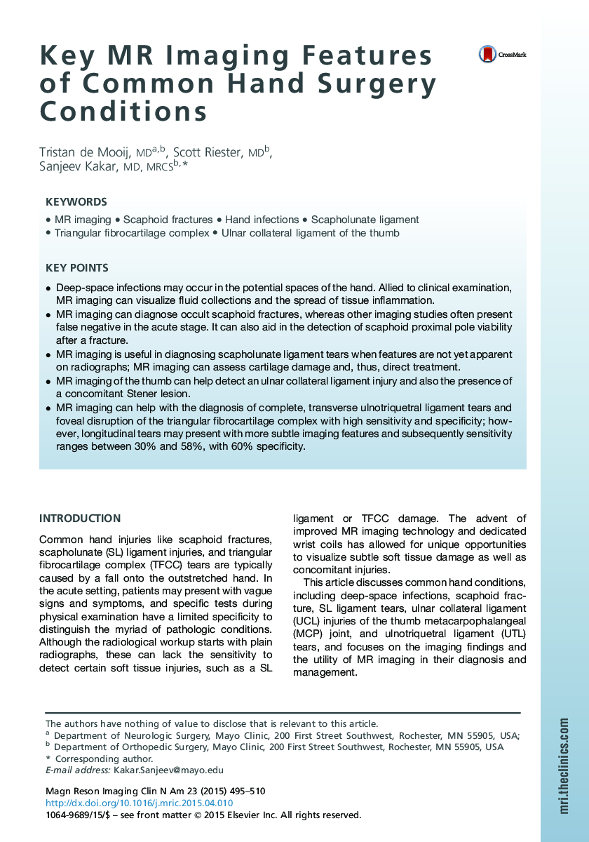 Key MR Imaging Features of Common Hand Surgery Conditions