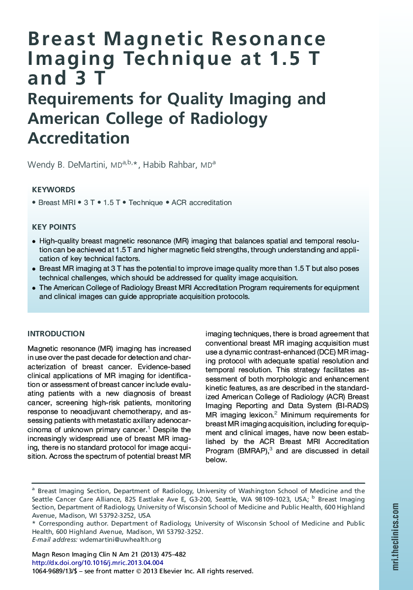 Breast Magnetic Resonance Imaging Technique at 1.5Â T and 3Â T