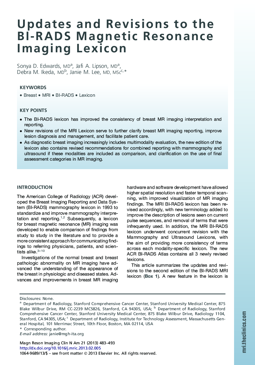 Updates and Revisions to the BI-RADS Magnetic Resonance Imaging Lexicon