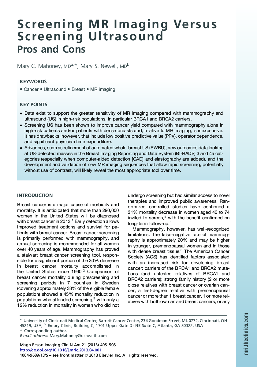 Screening MR Imaging Versus Screening Ultrasound