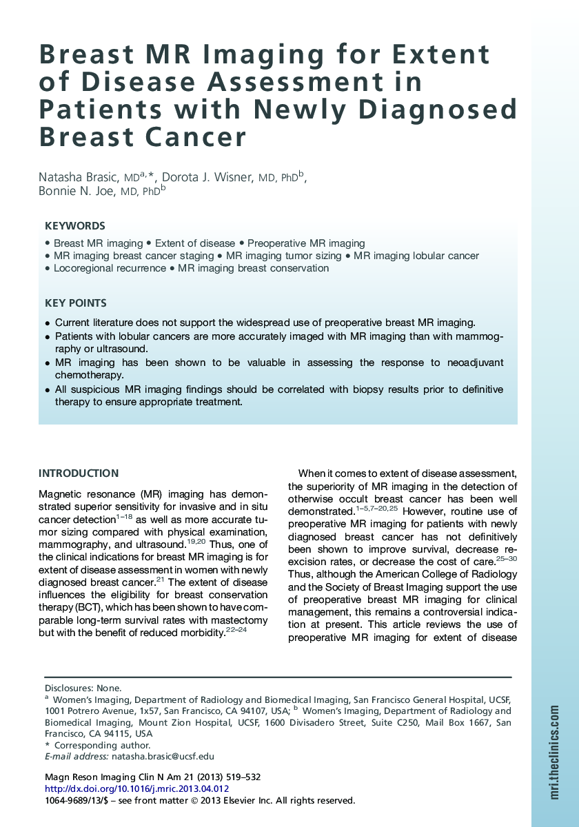 Breast MR Imaging for Extent of Disease Assessment in Patients with Newly Diagnosed Breast Cancer