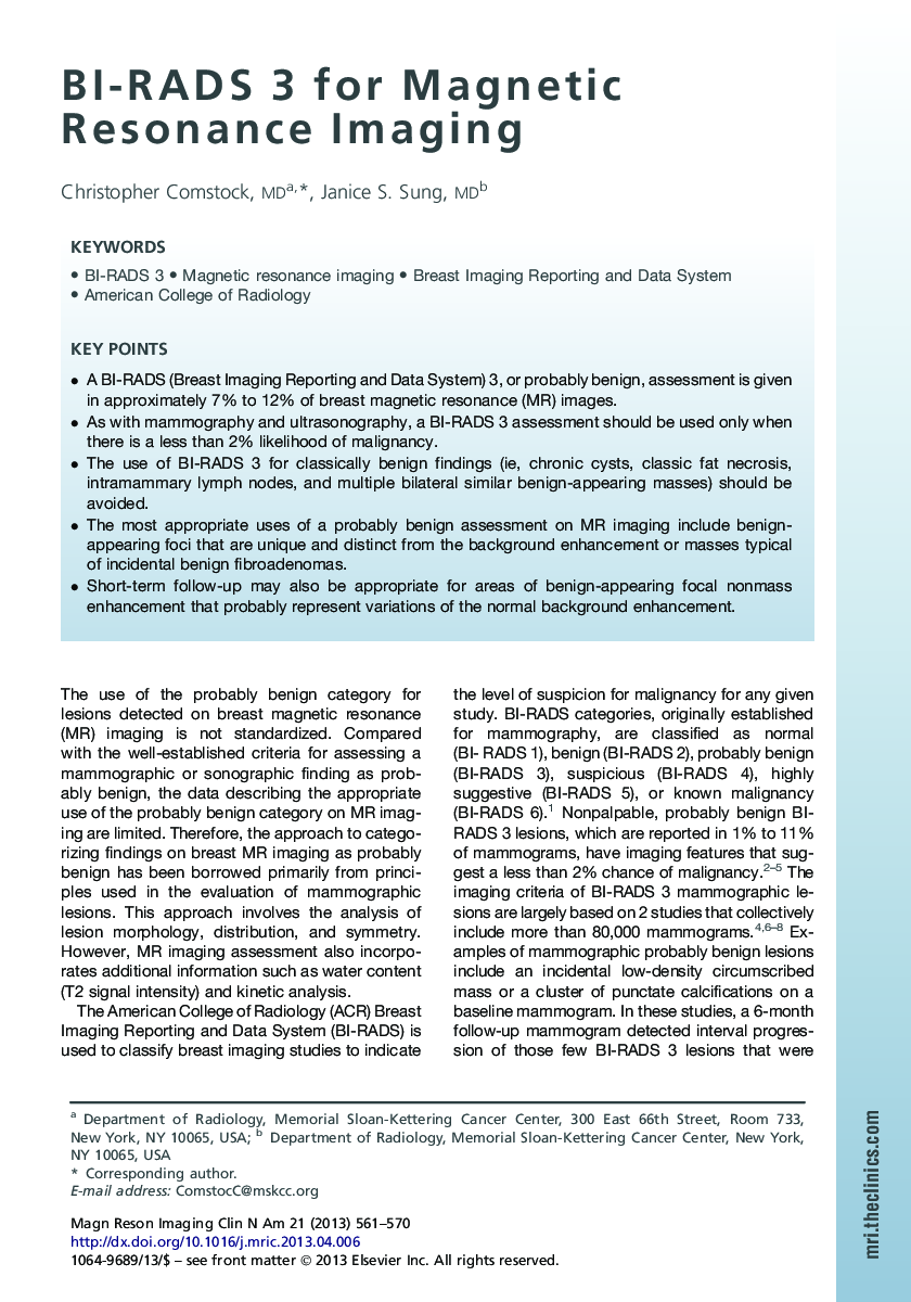 BI-RADS 3 for Magnetic Resonance Imaging