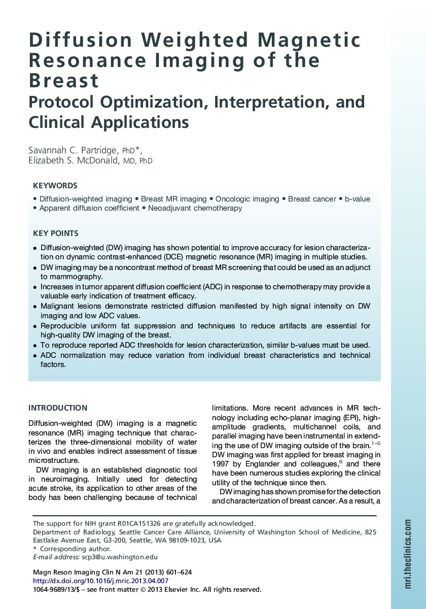 Diffusion Weighted Magnetic Resonance Imaging of the Breast