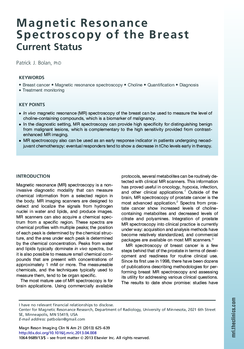 Magnetic Resonance Spectroscopy of the Breast