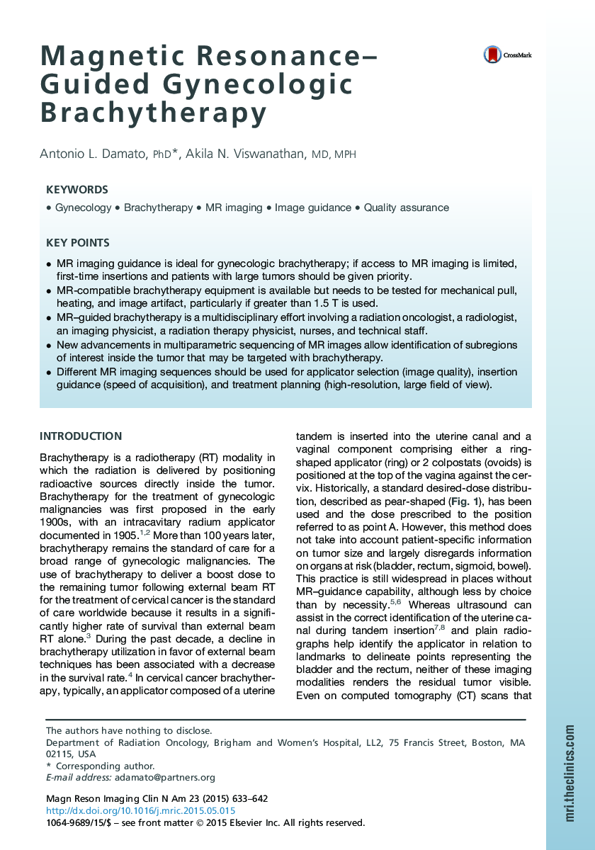 Magnetic Resonance-Guided Gynecologic Brachytherapy