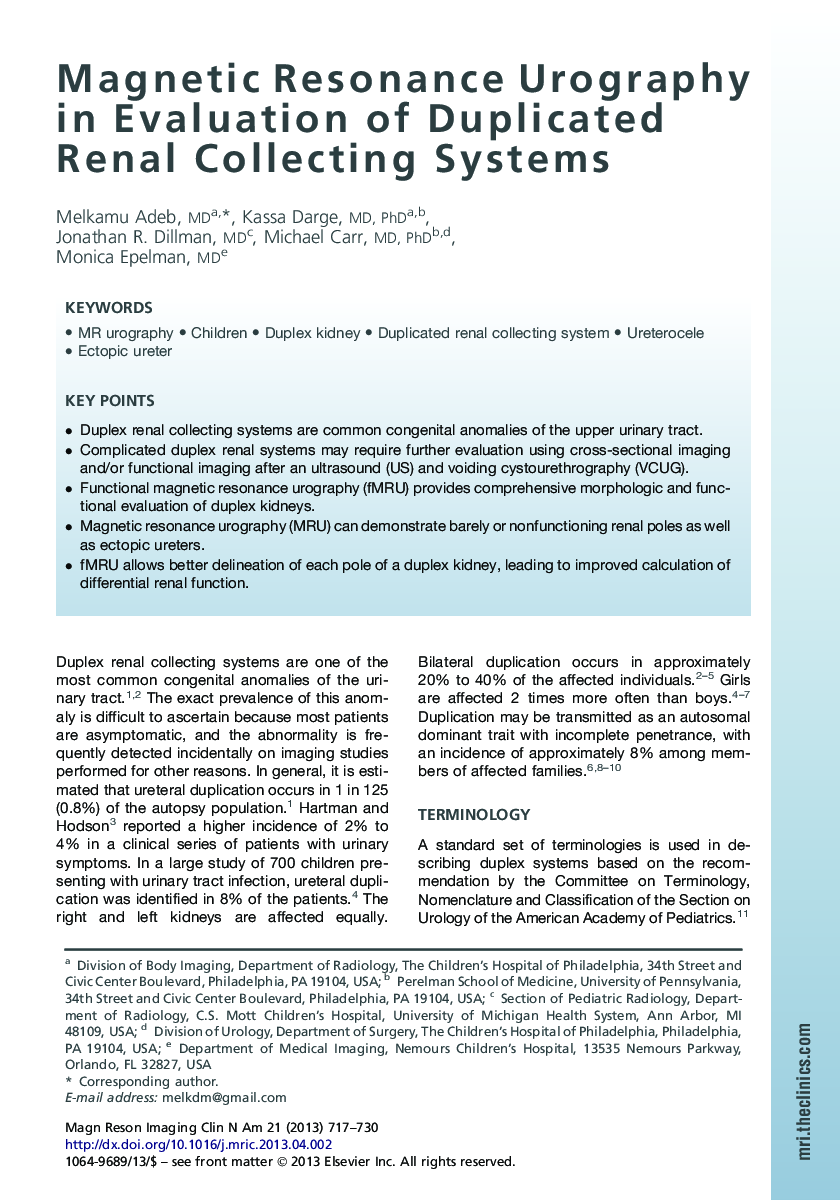 Magnetic Resonance Urography in Evaluation of Duplicated Renal Collecting Systems