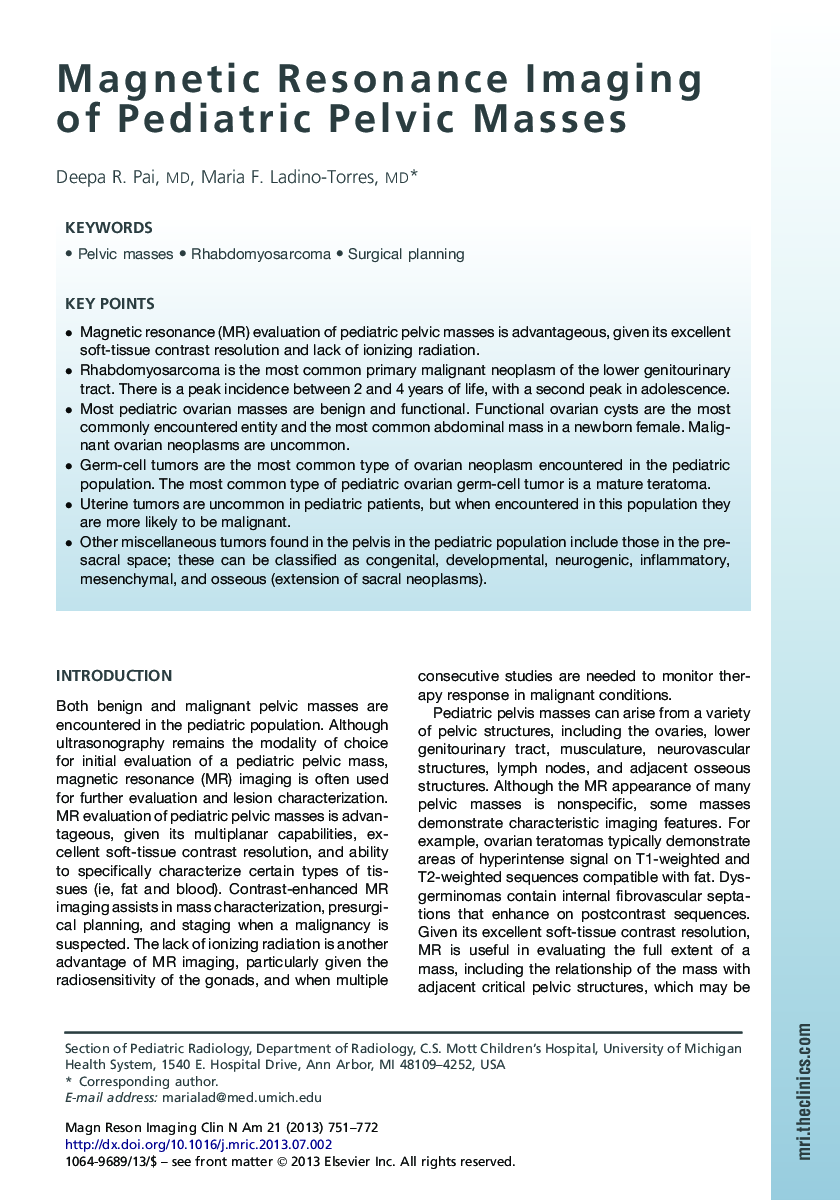 Magnetic Resonance Imaging of Pediatric Pelvic Masses