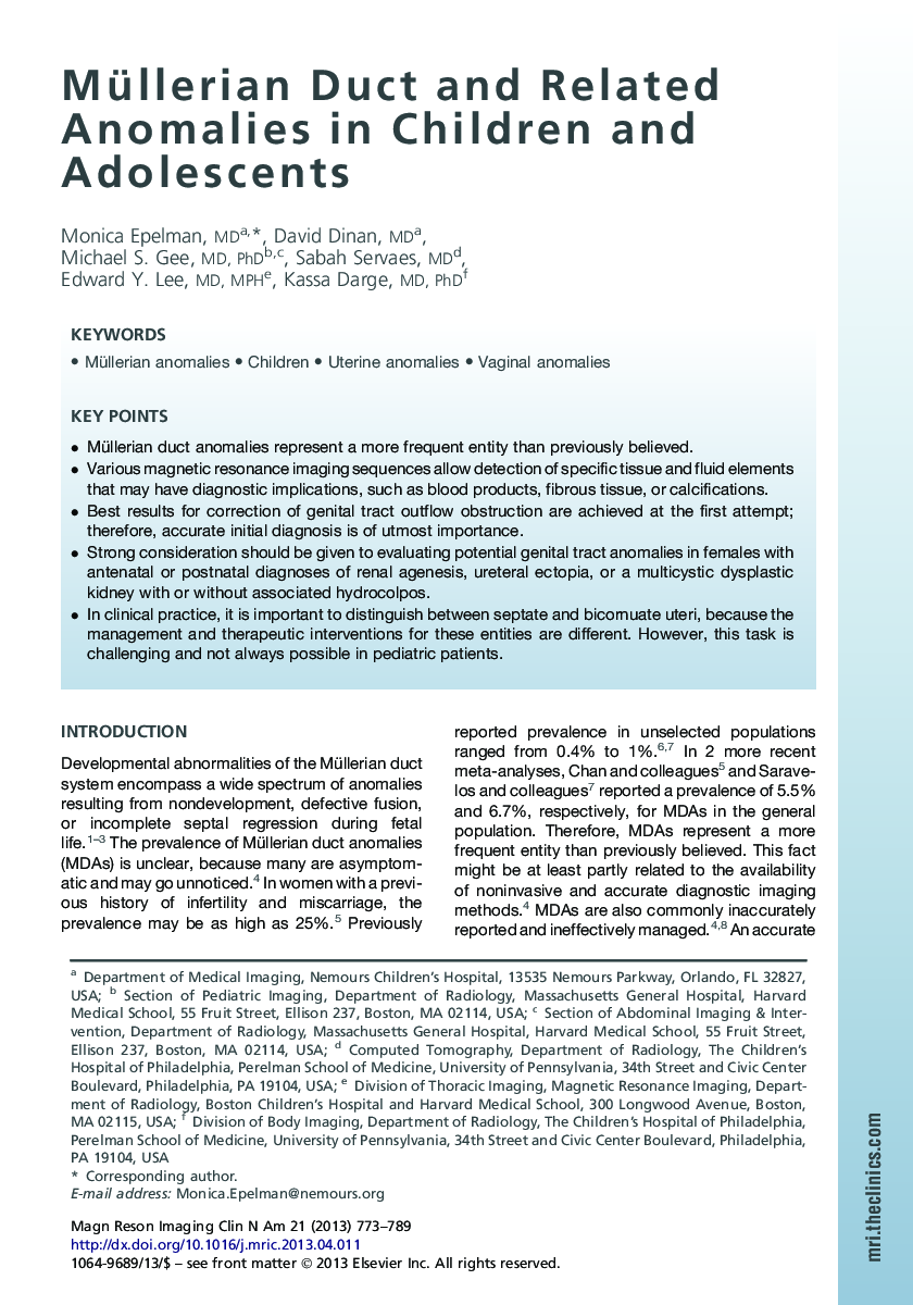 Müllerian Duct and Related Anomalies in Children and Adolescents