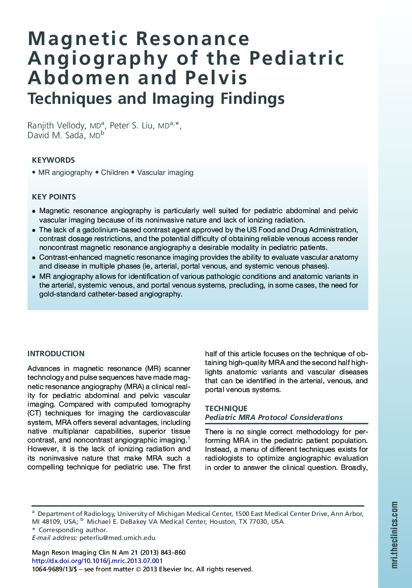 Magnetic Resonance Angiography of the Pediatric Abdomen and Pelvis
