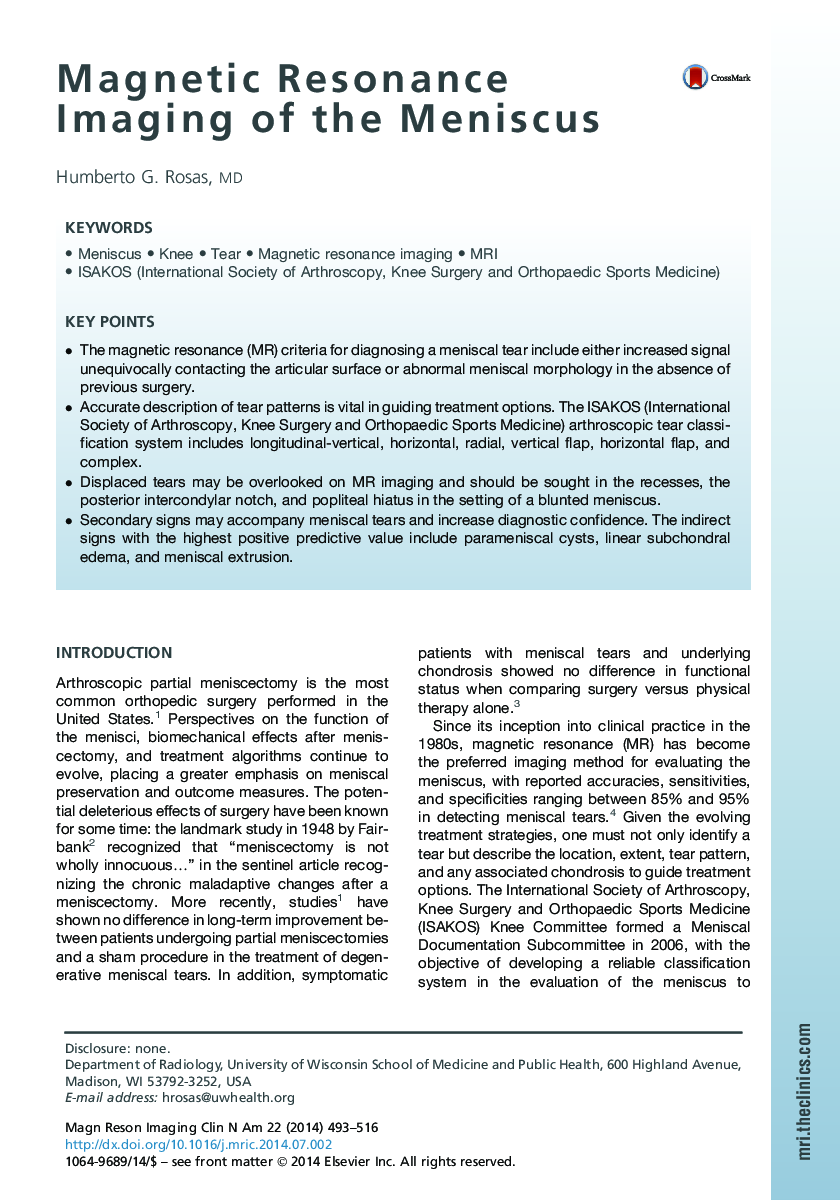 Magnetic Resonance Imaging of the Meniscus