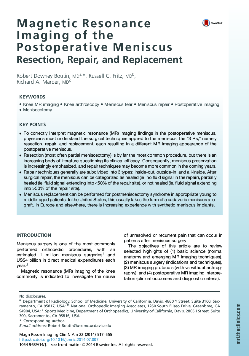 Magnetic Resonance Imaging of the Postoperative Meniscus