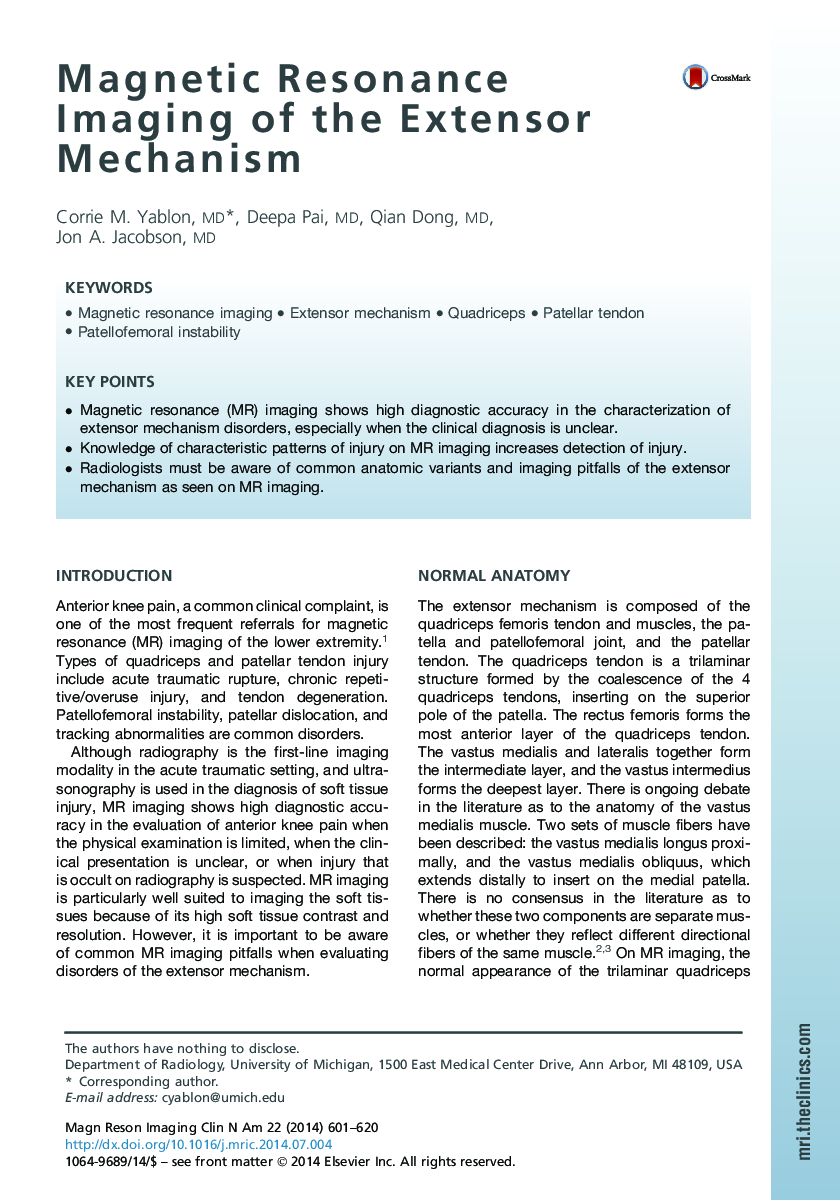 Magnetic Resonance Imaging of the Extensor Mechanism