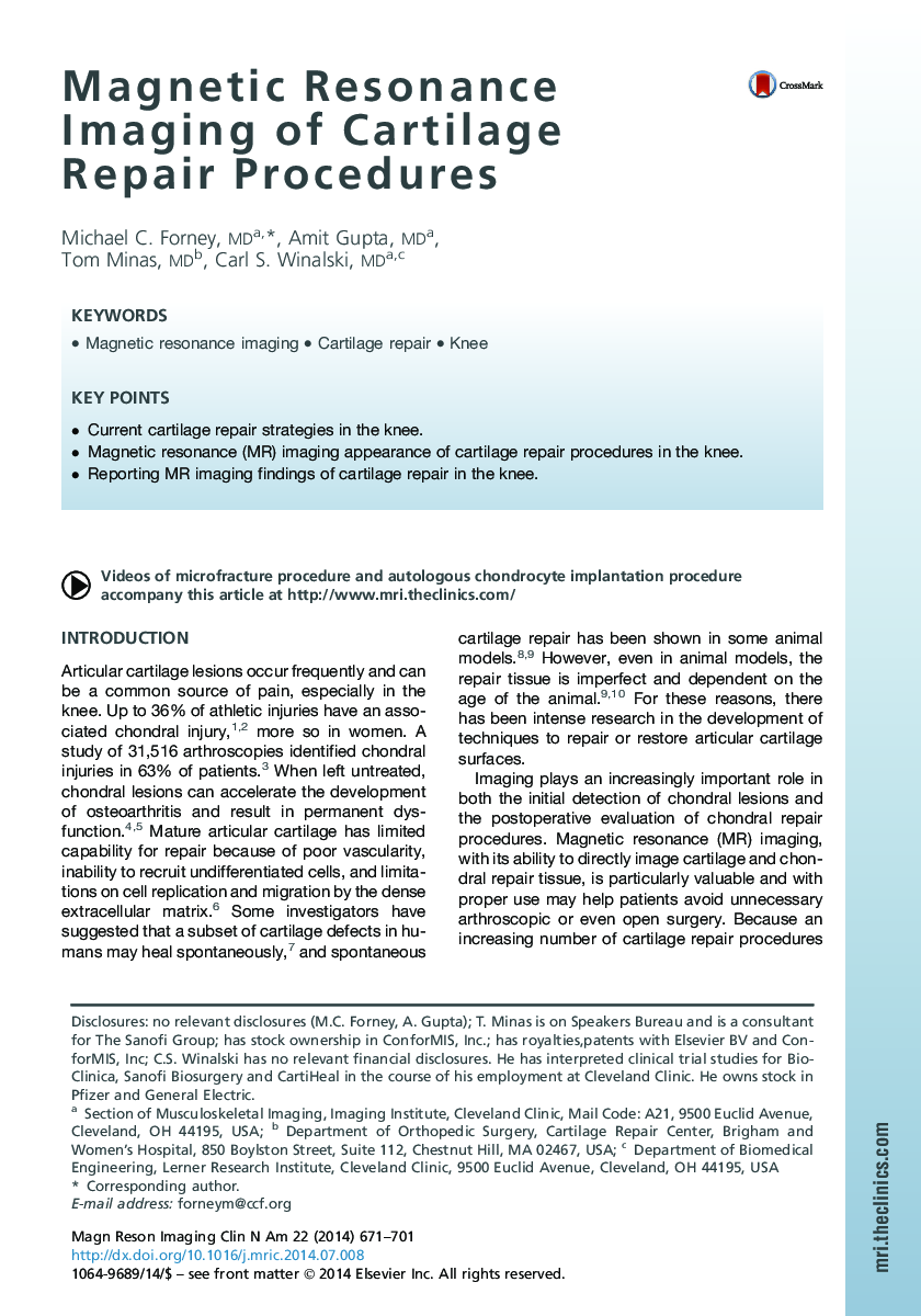 Magnetic Resonance Imaging of Cartilage Repair Procedures