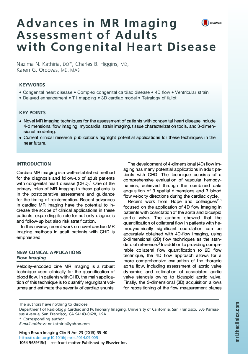 Advances in MR Imaging Assessment of Adults with Congenital Heart Disease