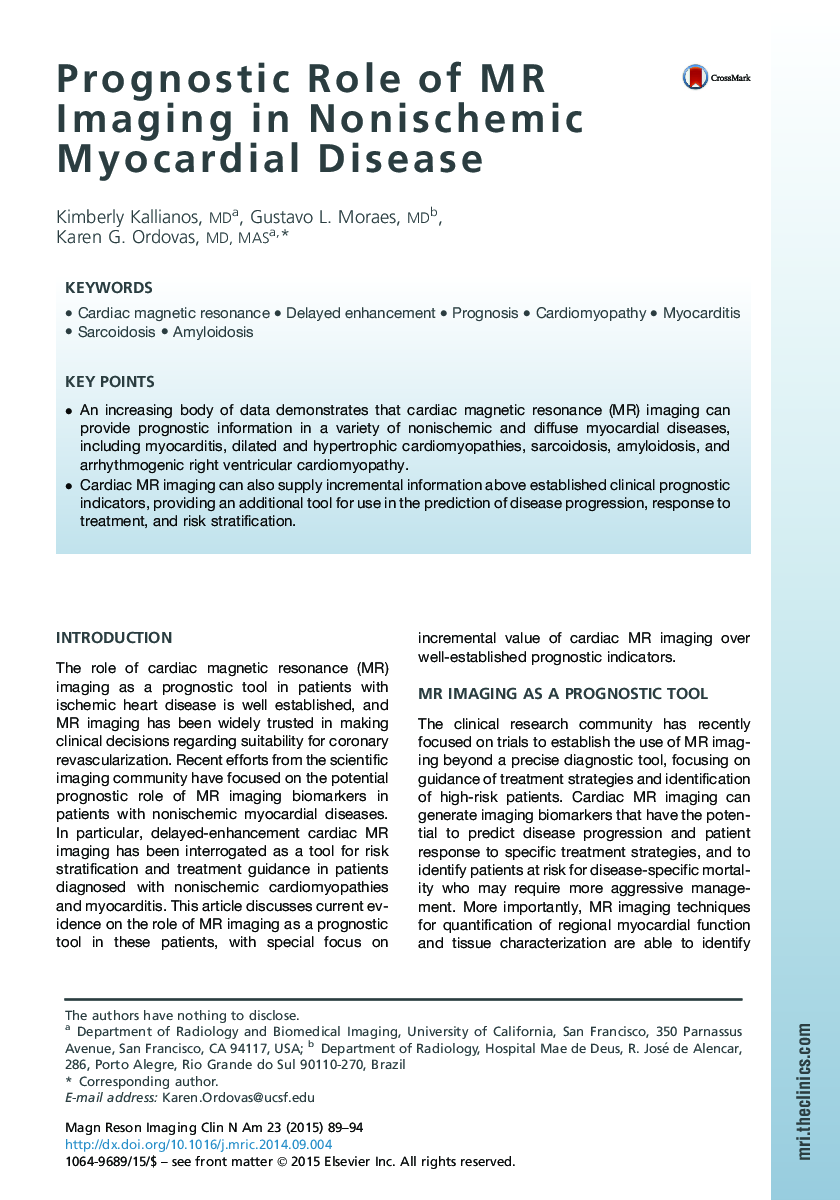 Prognostic Role of MR Imaging in Nonischemic Myocardial Disease