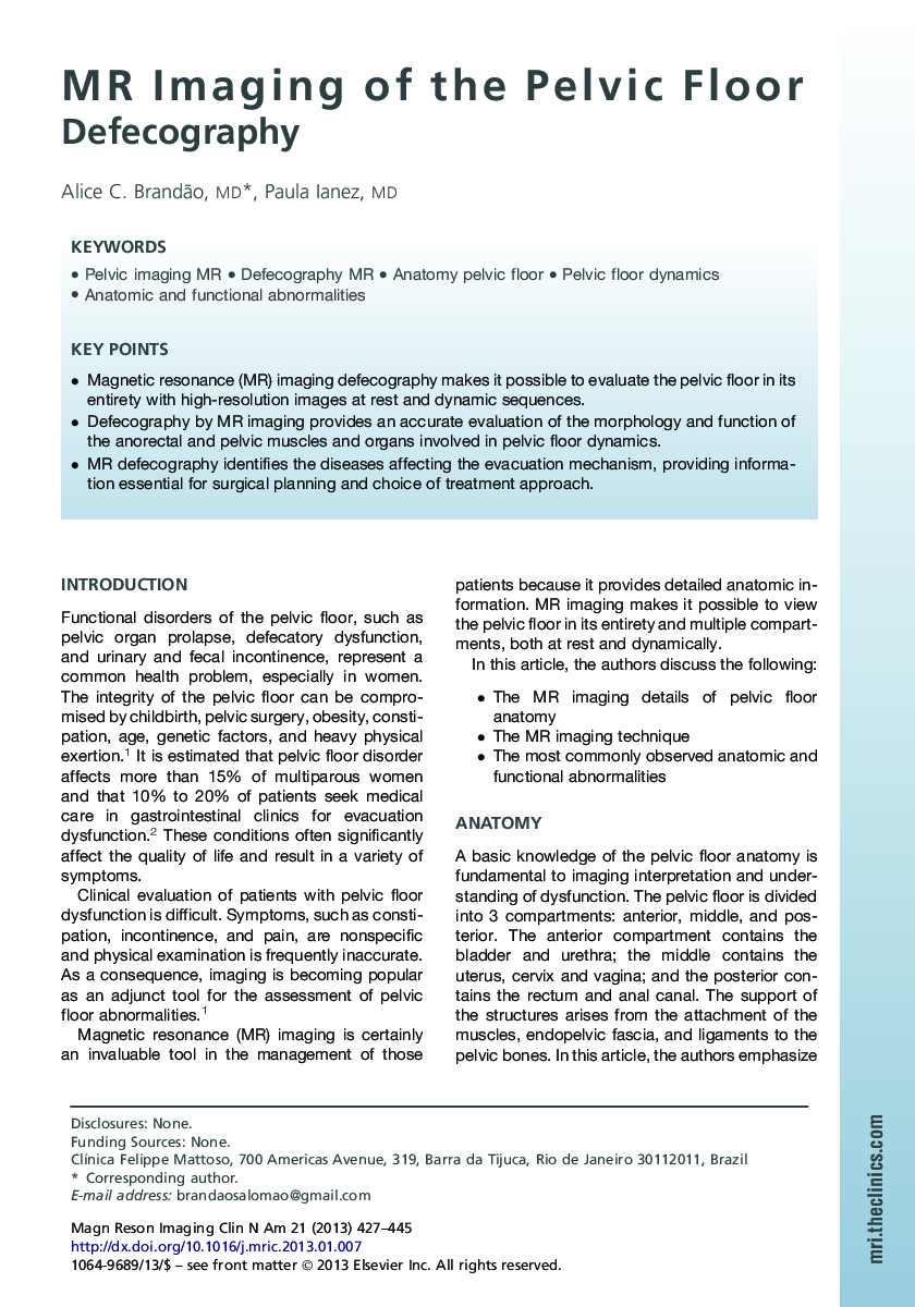 MR Imaging of the Pelvic Floor