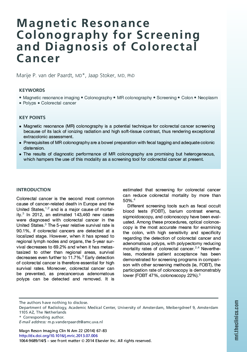 Magnetic Resonance Colonography for Screening and Diagnosis of Colorectal Cancer