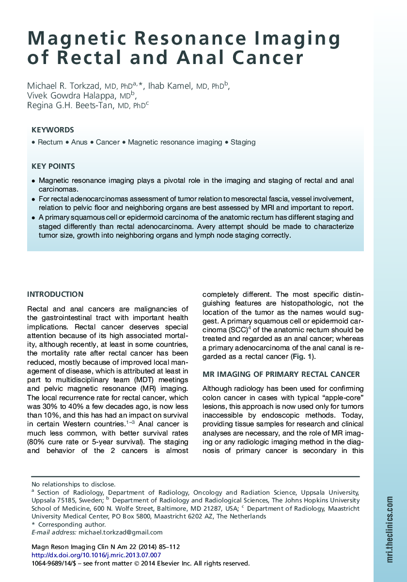 Magnetic Resonance Imaging of Rectal and Anal Cancer