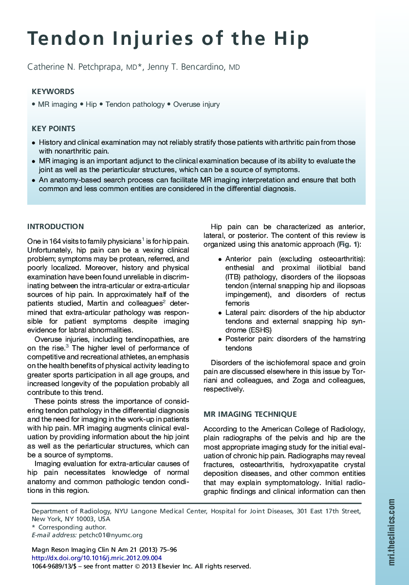 Tendon Injuries of the Hip