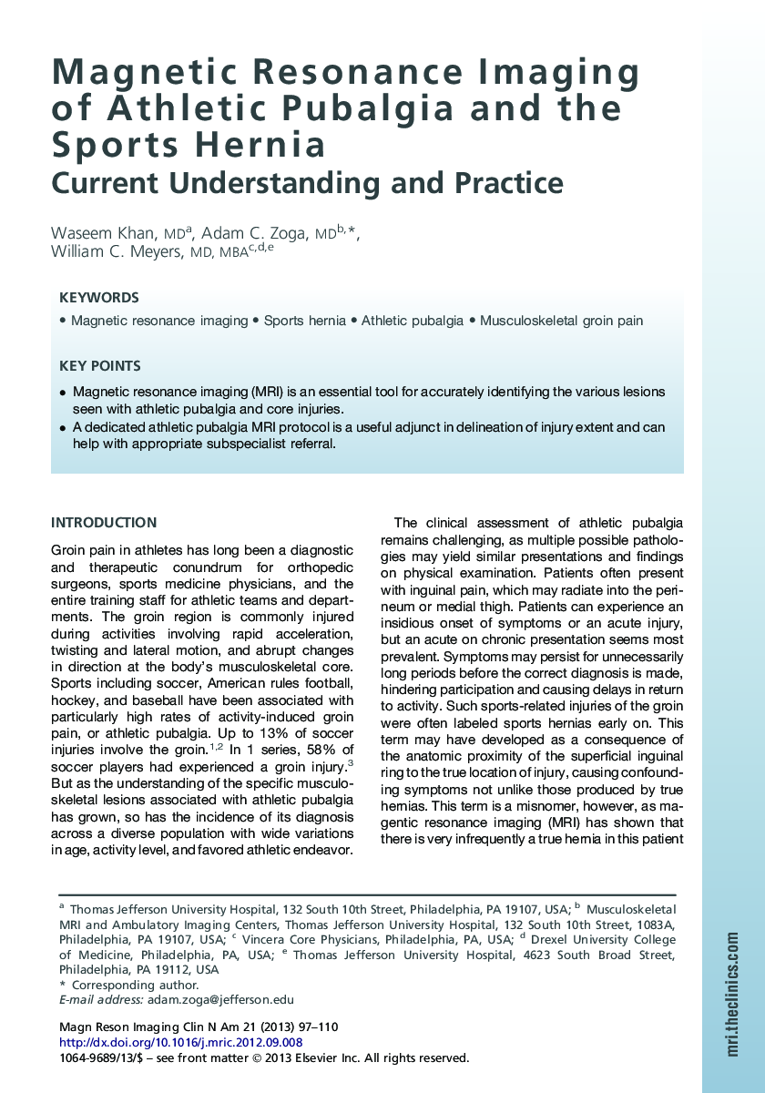 Magnetic Resonance Imaging of Athletic Pubalgia and the Sports Hernia