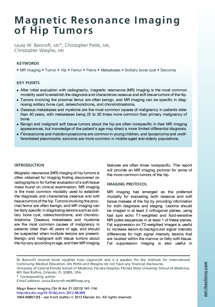 Magnetic Resonance Imaging of Hip Tumors