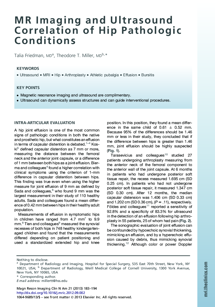 MR Imaging and Ultrasound Correlation of Hip Pathologic Conditions