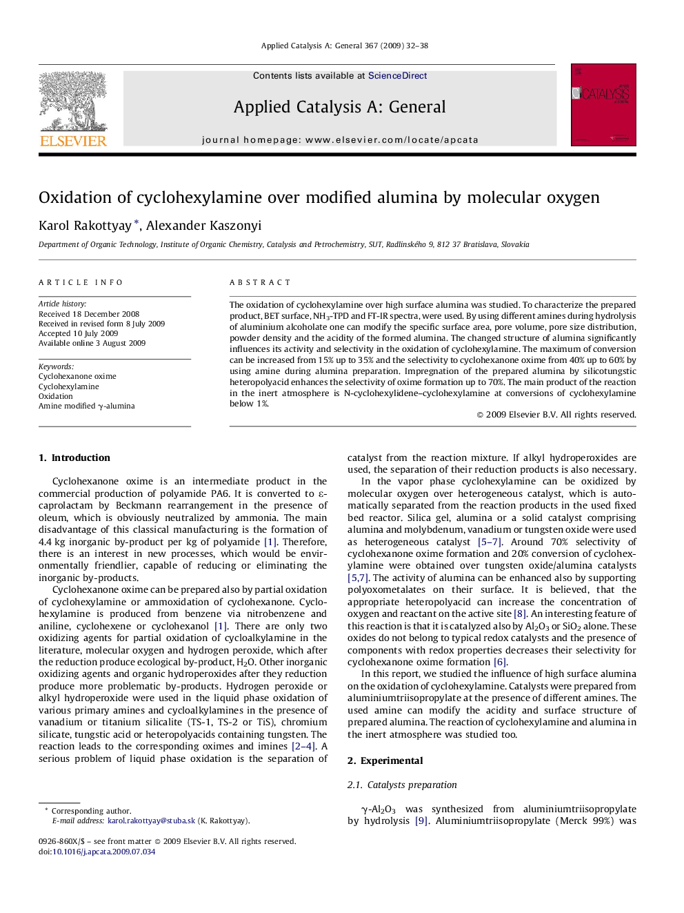 Oxidation of cyclohexylamine over modified alumina by molecular oxygen