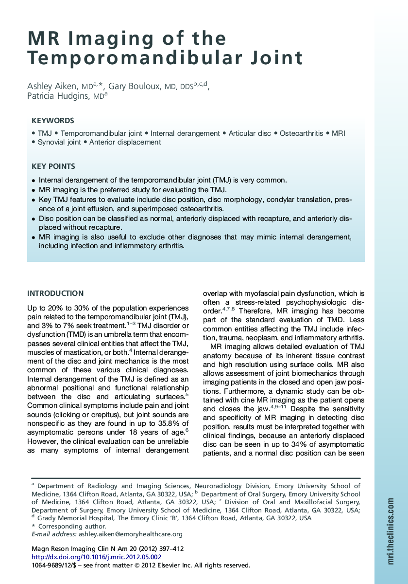 MR Imaging of the Temporomandibular Joint