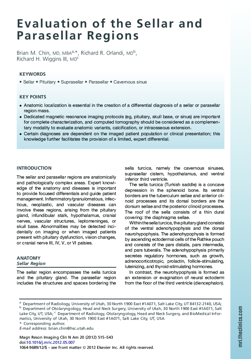 Evaluation of the Sellar and Parasellar Regions