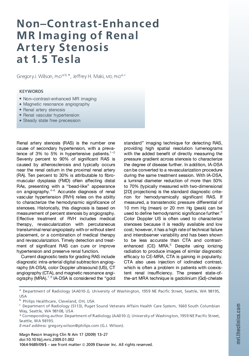 Non-Contrast-Enhanced MR Imaging of Renal Artery Stenosis at 1.5 Tesla