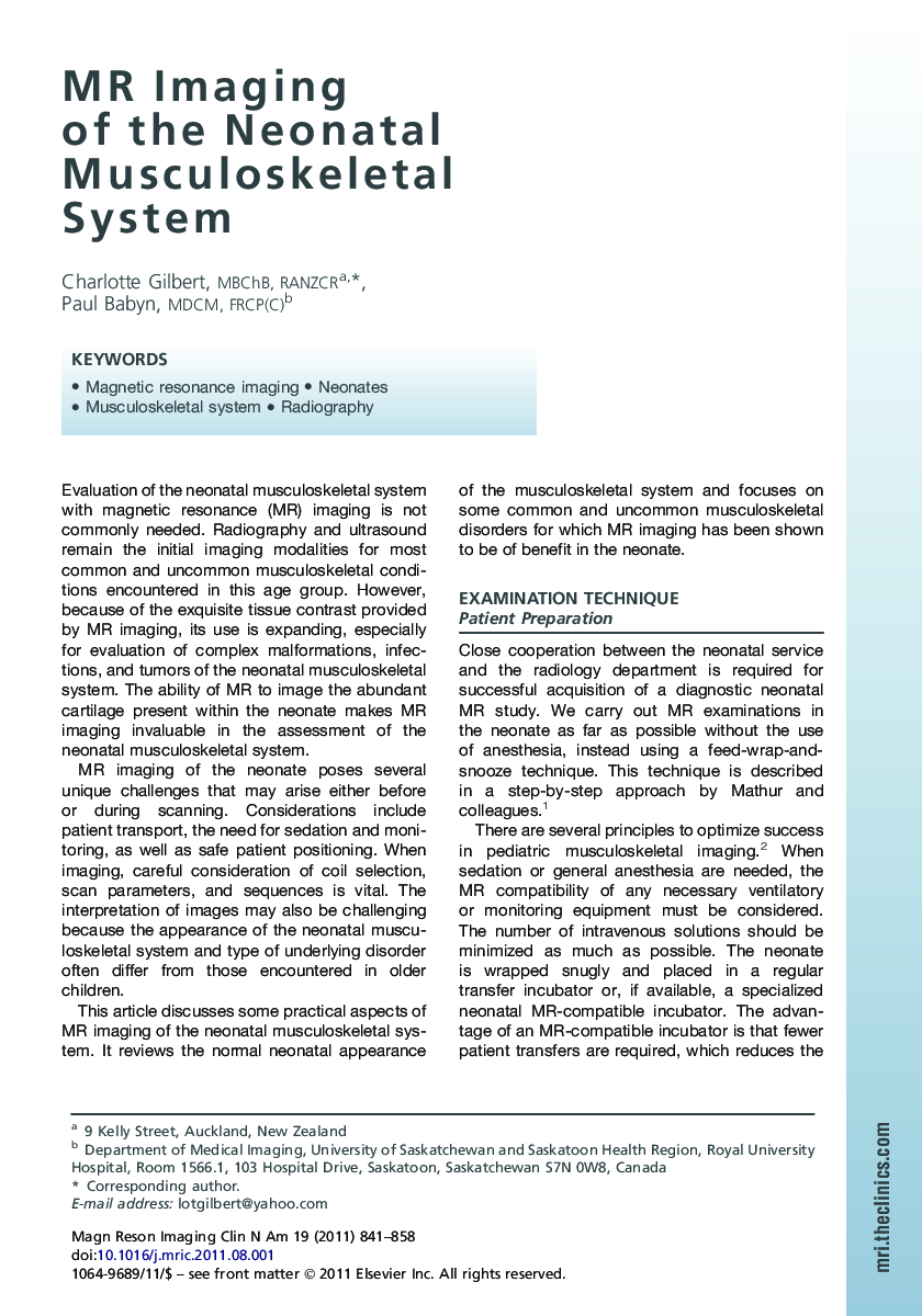 MR Imaging of the Neonatal Musculoskeletal System