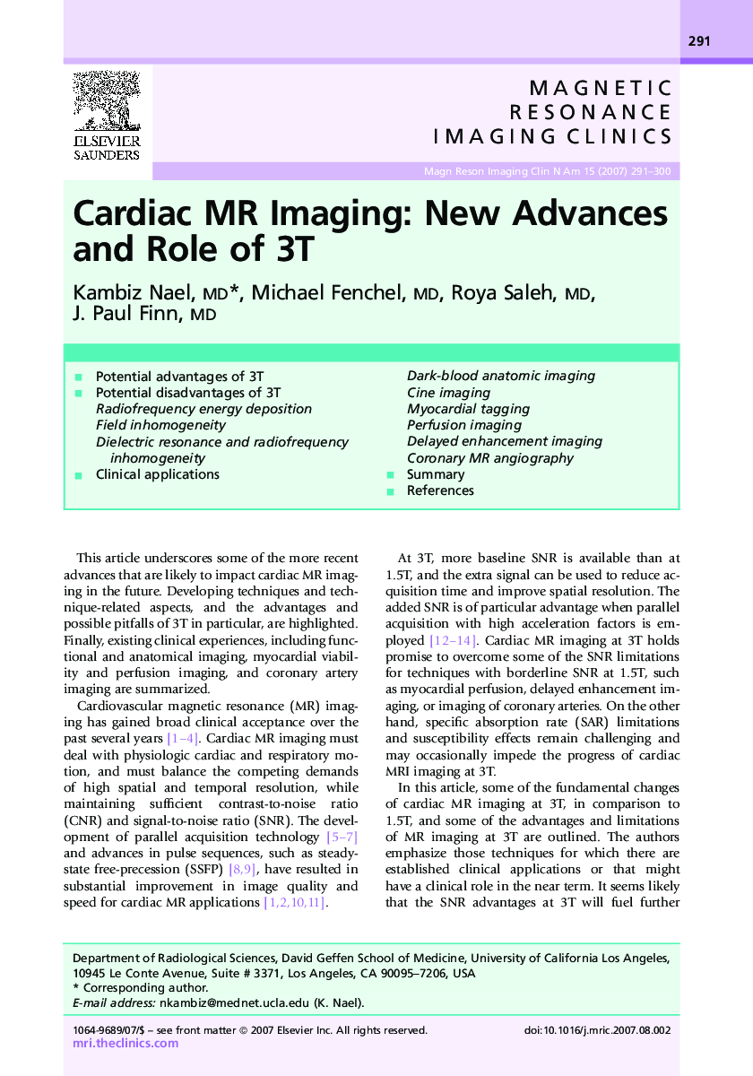 Cardiac MR Imaging: New Advances and Role of 3T