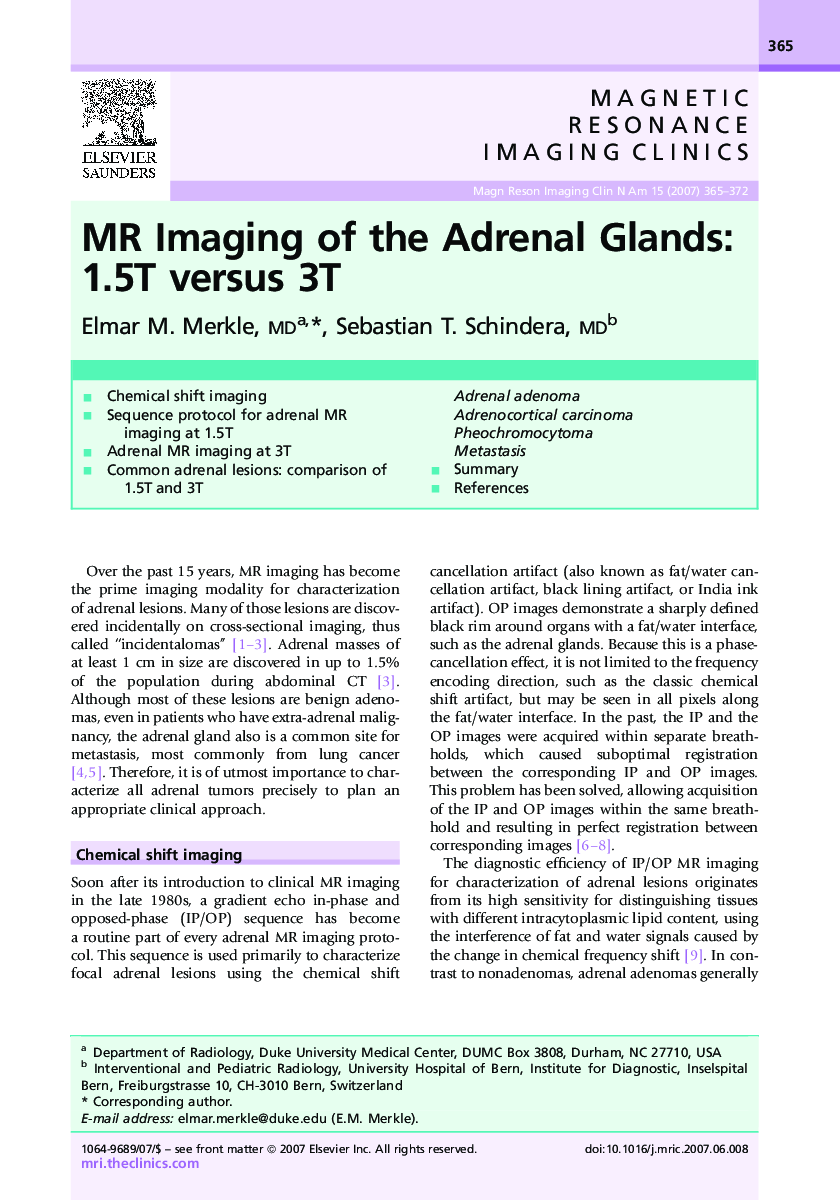 MR Imaging of the Adrenal Glands: 1.5T versus 3T
