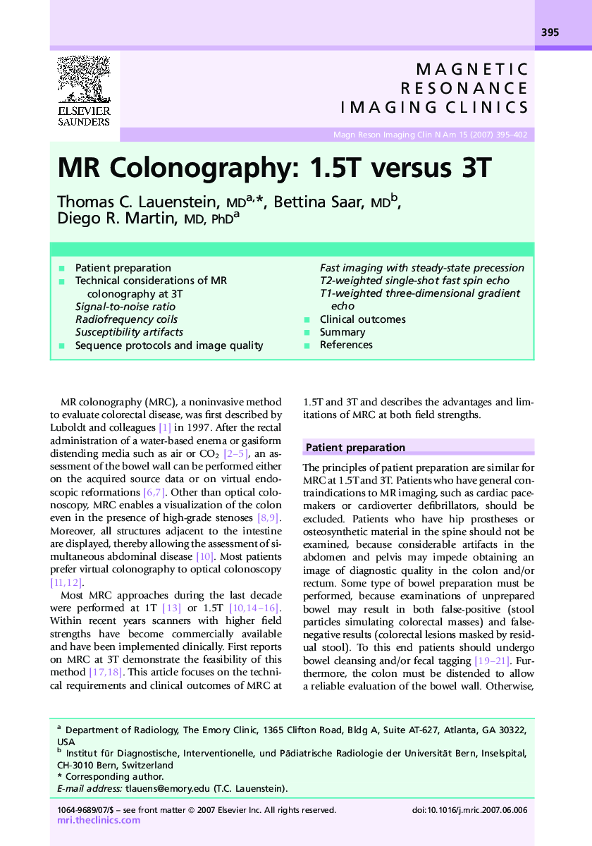 MR Colonography: 1.5T versus 3T