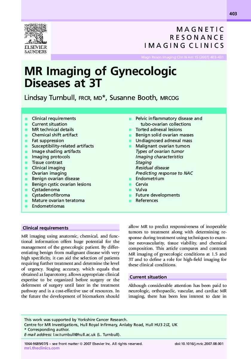 MR Imaging of Gynecologic Diseases at 3T 