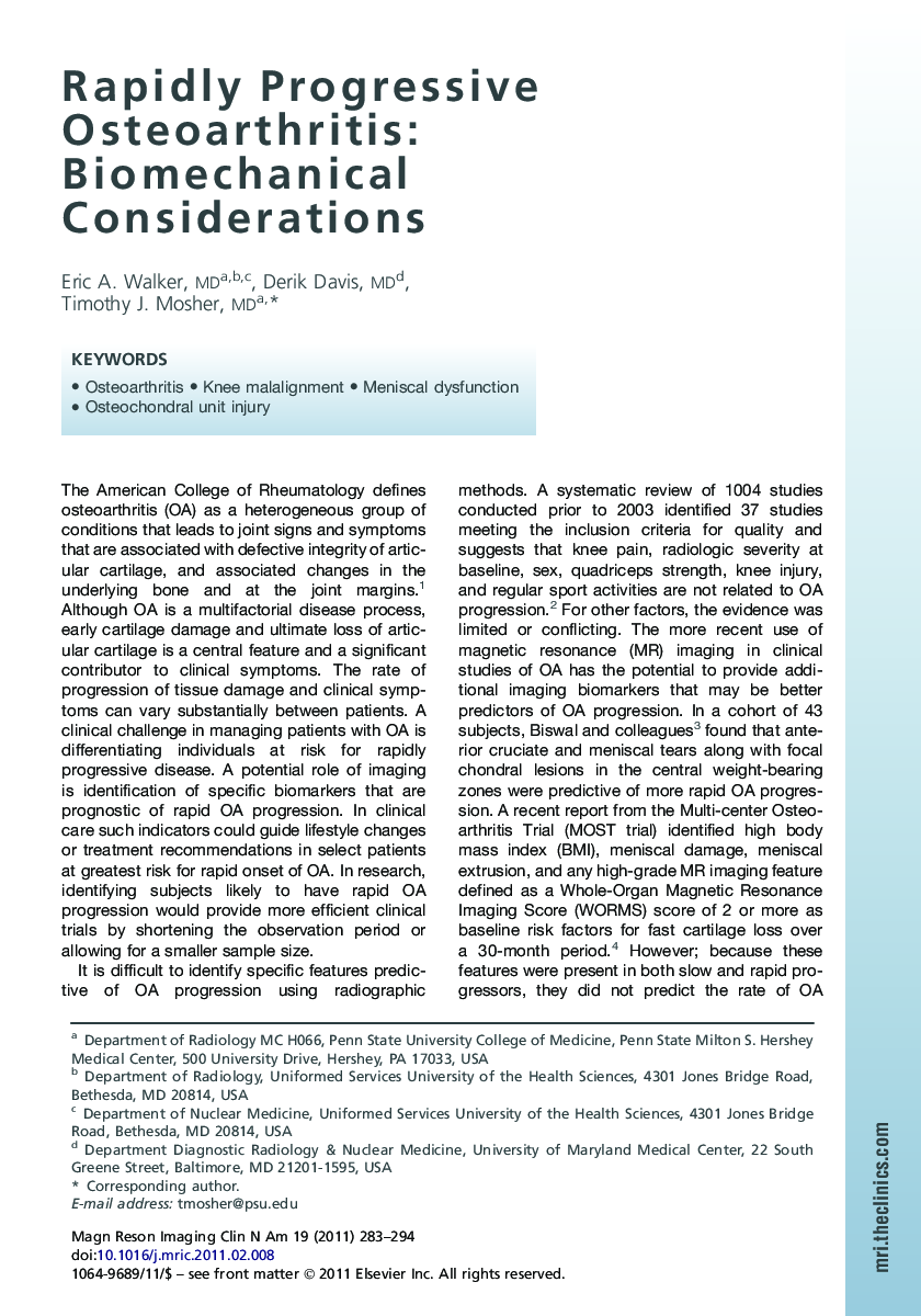 Rapidly Progressive Osteoarthritis: Biomechanical Considerations