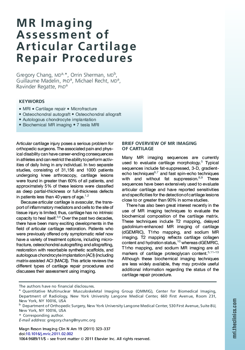 MR Imaging Assessment of Articular Cartilage Repair Procedures