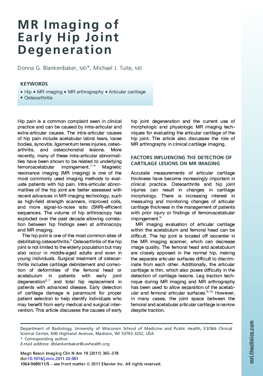 MR Imaging of Early Hip Joint Degeneration