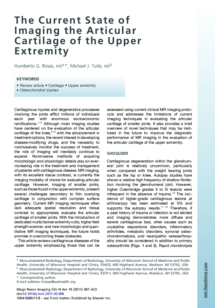 The Current State of Imaging the Articular Cartilage of the Upper Extremity