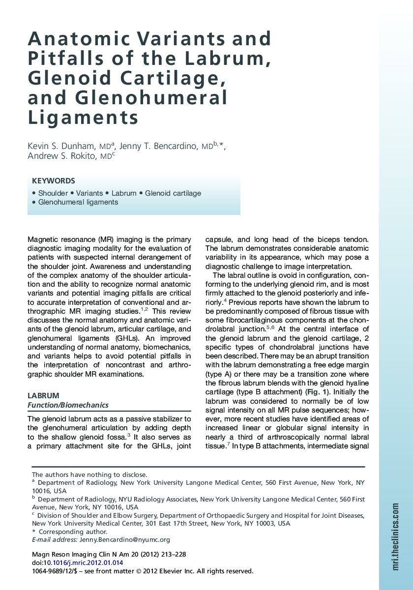 Anatomic Variants and Pitfalls of the Labrum, Glenoid Cartilage, and Glenohumeral Ligaments