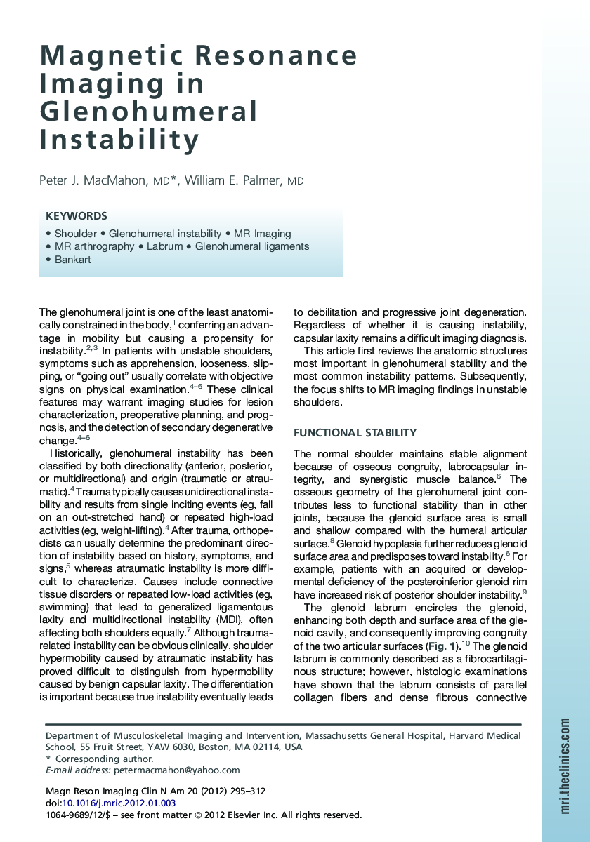 Magnetic Resonance Imaging in Glenohumeral Instability