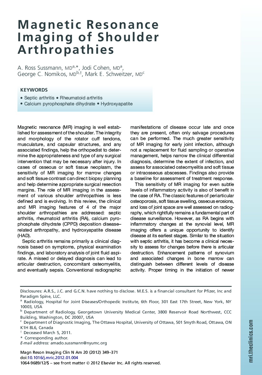 Magnetic Resonance Imaging of Shoulder Arthropathies