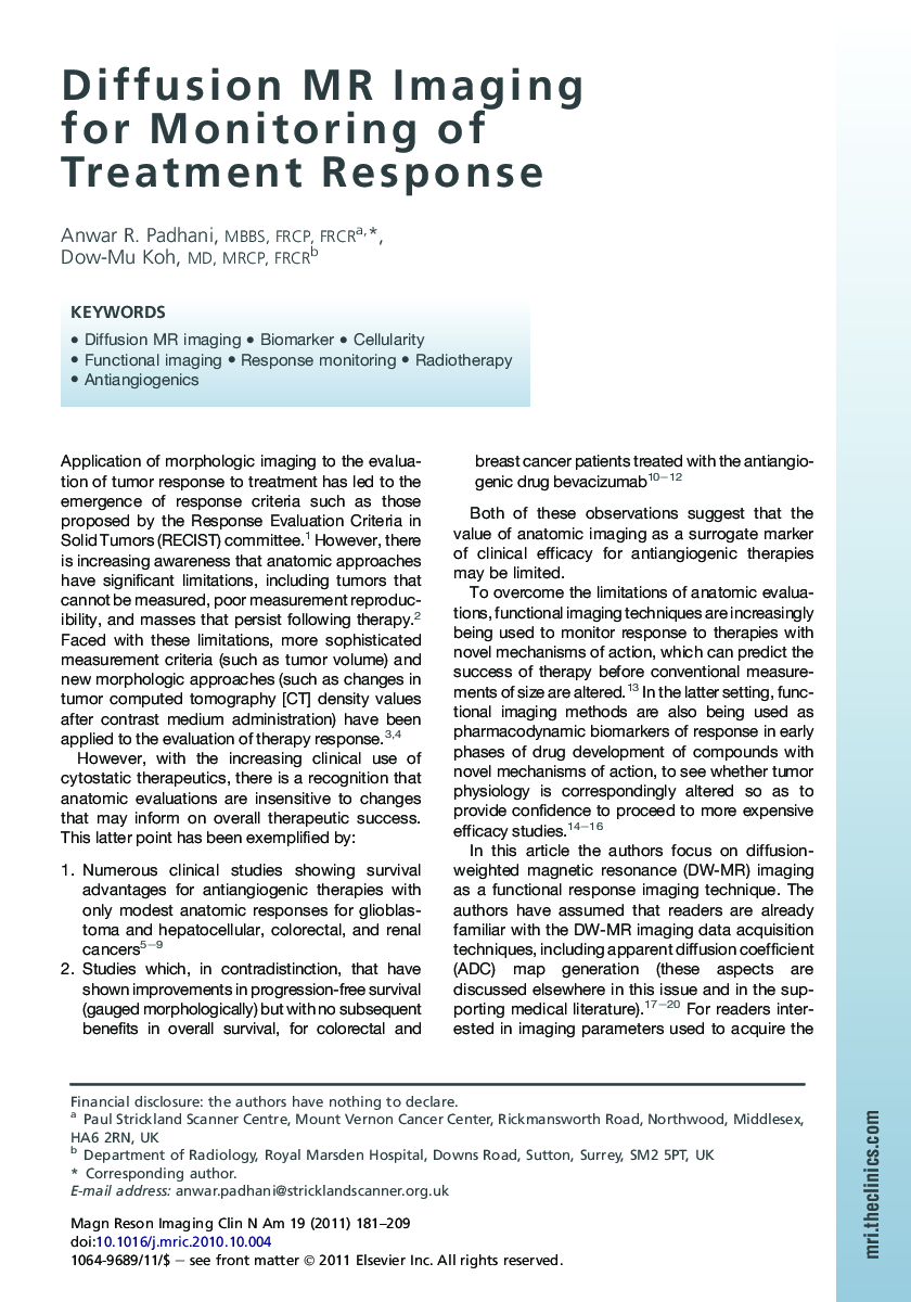 Diffusion MR Imaging for Monitoring of Treatment Response