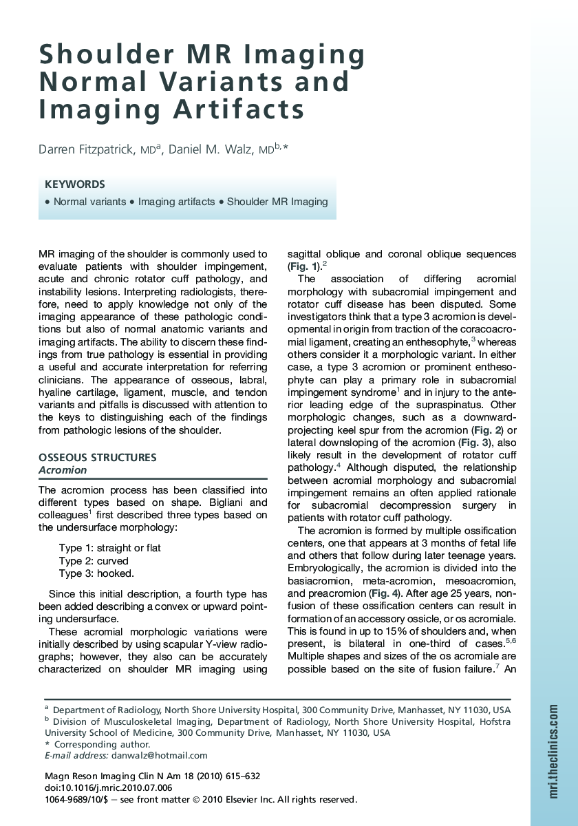 Shoulder MR Imaging Normal Variants and Imaging Artifacts