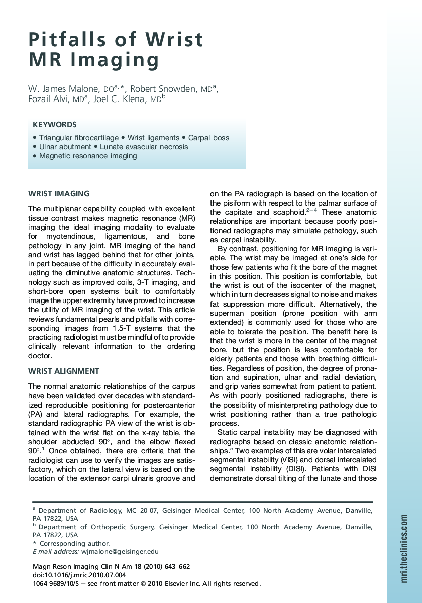 Pitfalls of Wrist MR Imaging