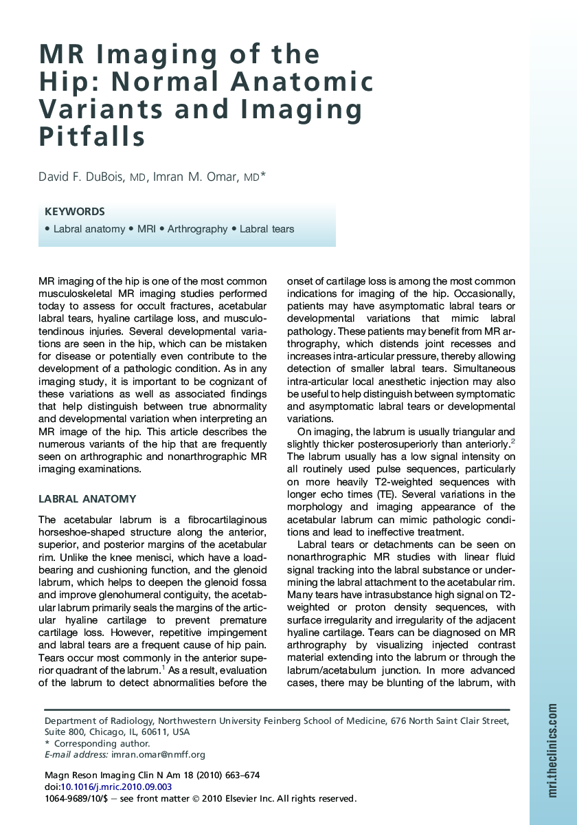 MR Imaging of the Hip: Normal Anatomic Variants and Imaging Pitfalls