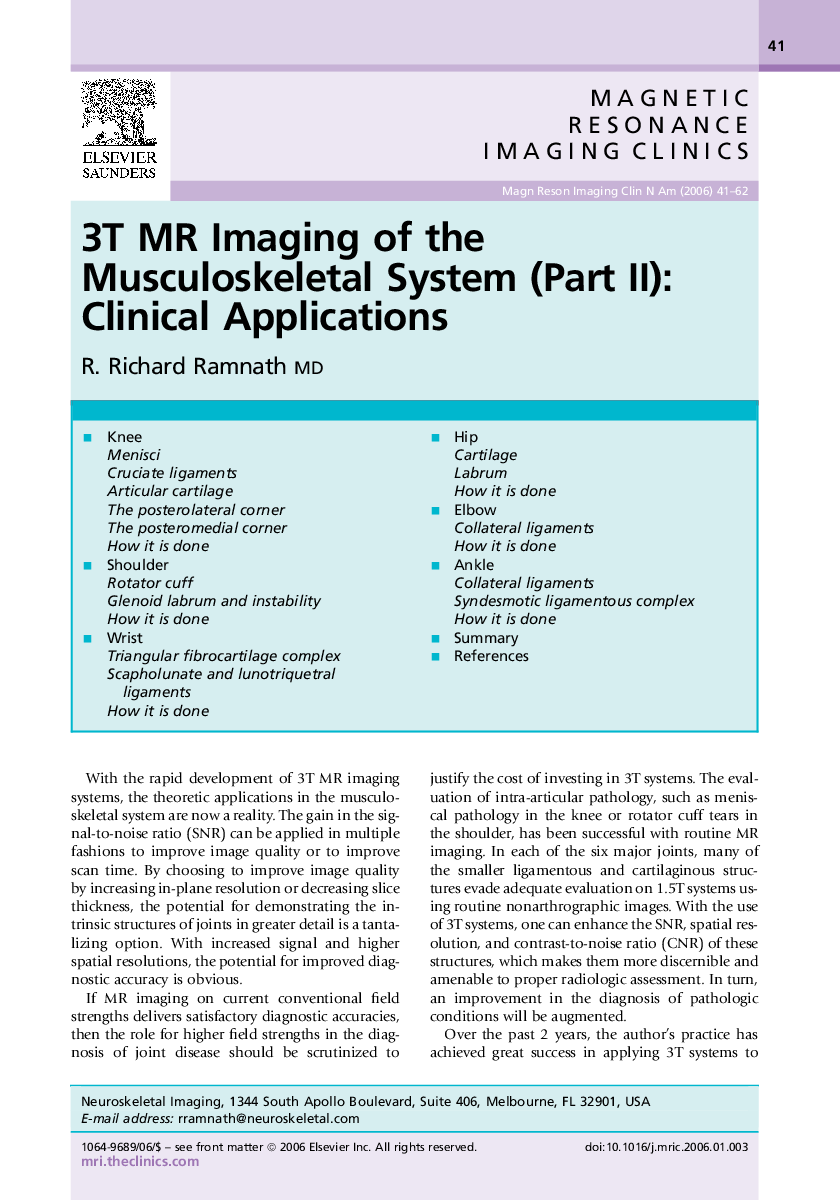 3T MR Imaging of the Musculoskeletal System (Part II): Clinical Applications