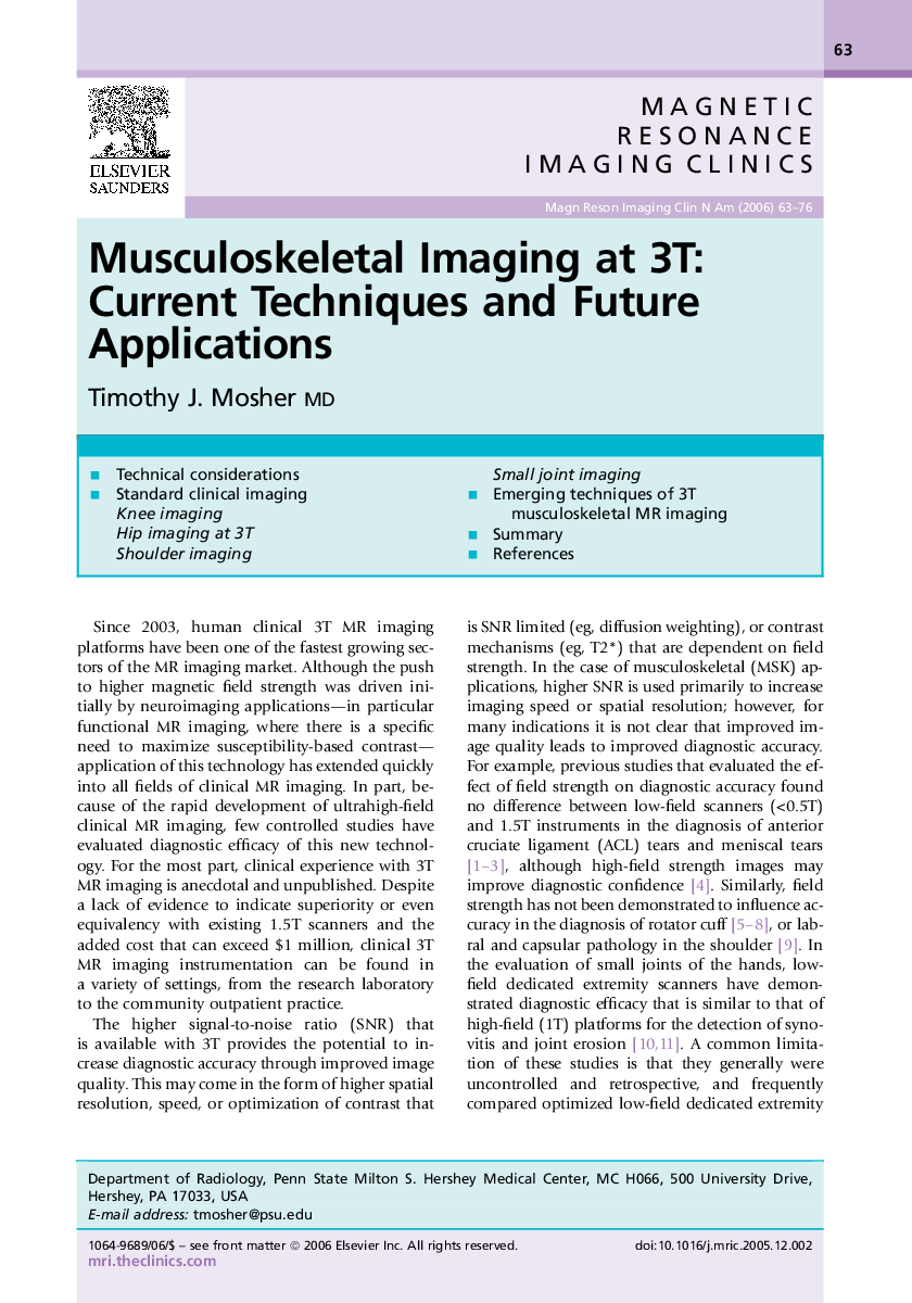 Musculoskeletal Imaging at 3T: Current Techniques and Future Applications