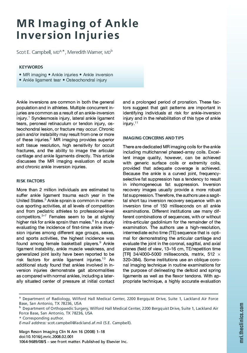 MR Imaging of Ankle Inversion Injuries